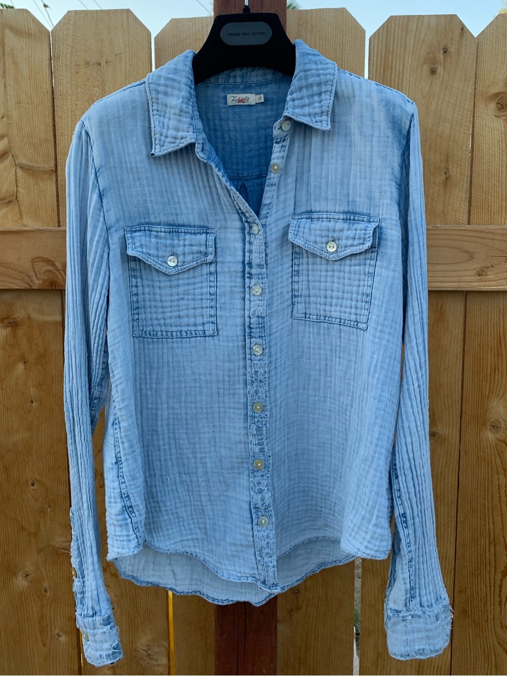Fahrety Indio Dream Gauze Organic Cotton Distressed Button Up Shirt Light Blue
